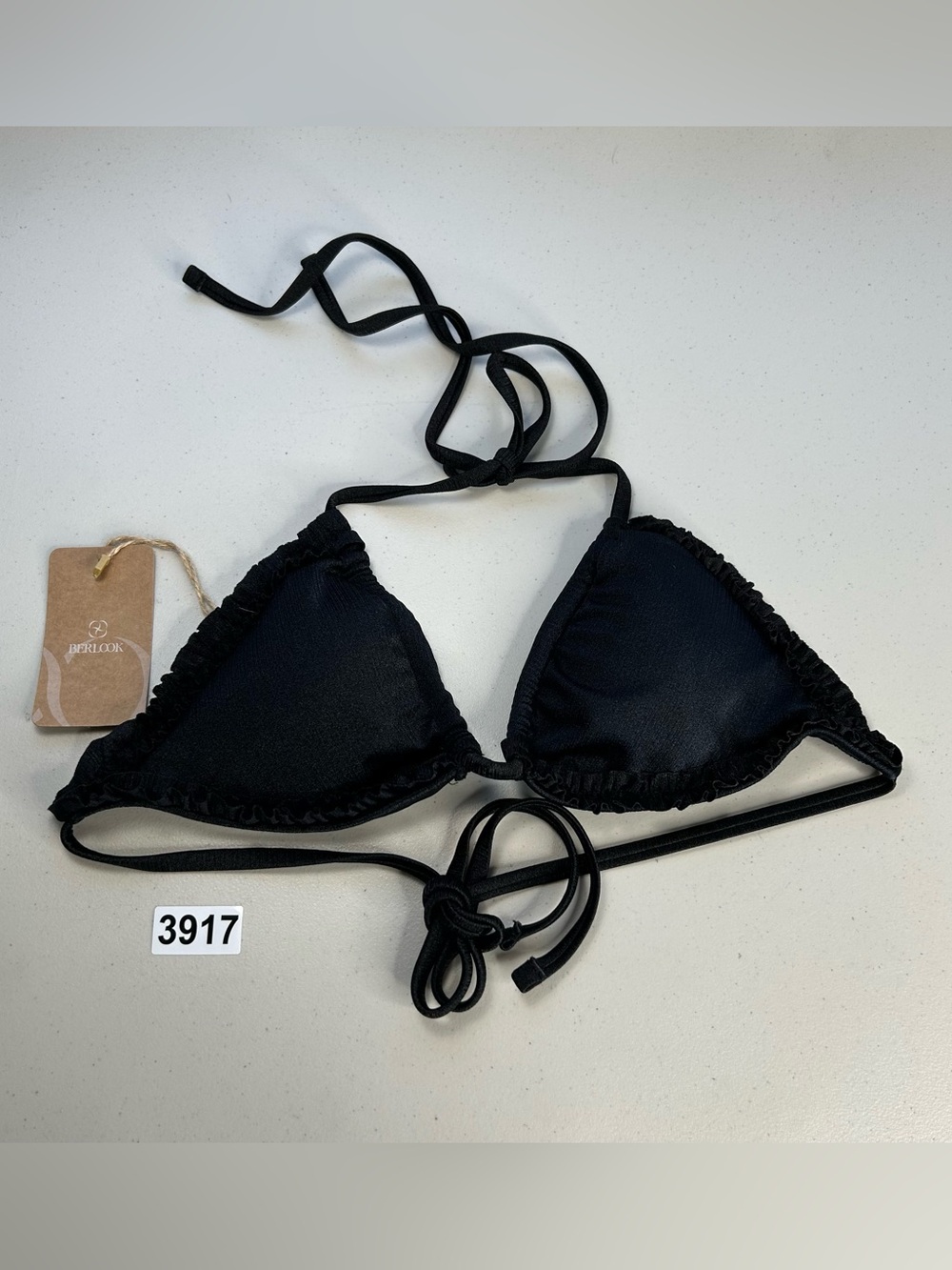 Berlook Black Ruffled Halter Triangle Bikini Top Large New